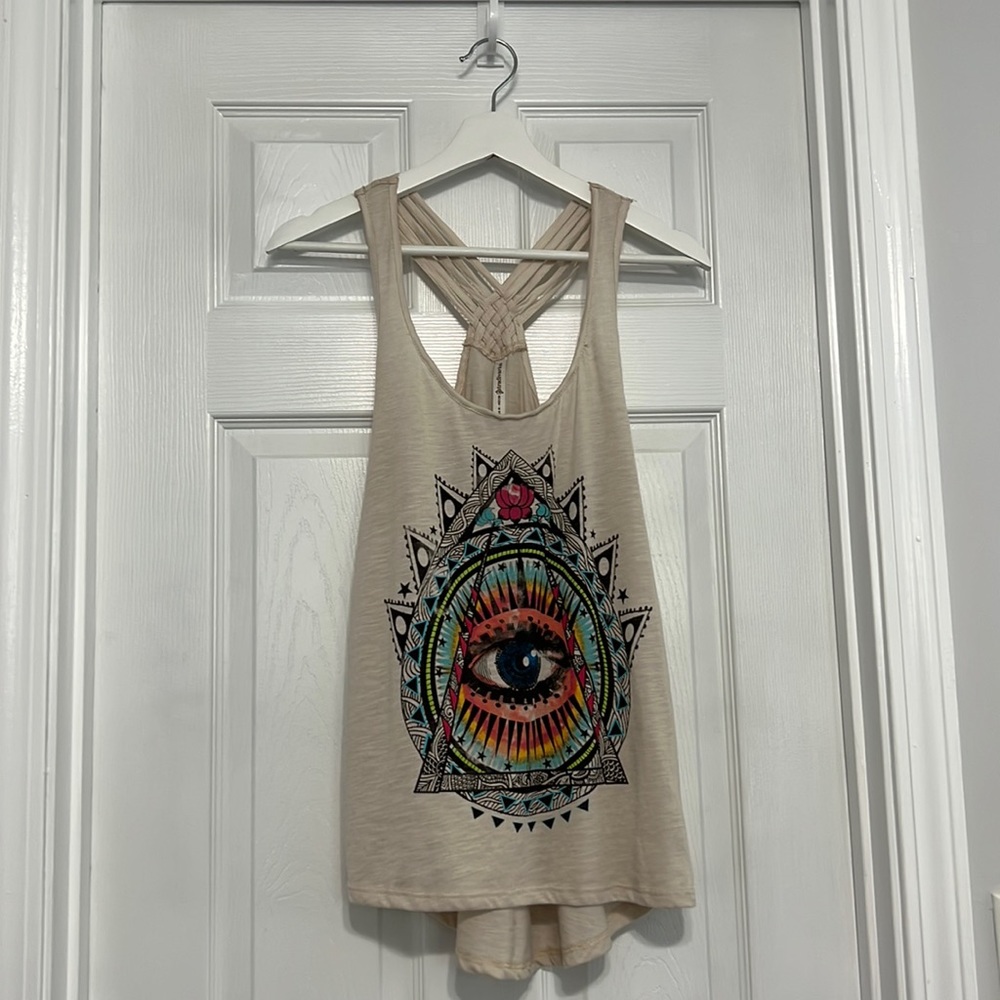 STRADIVARIUS WOMENS EYE DESIGN TANK TOP SHIRT: M